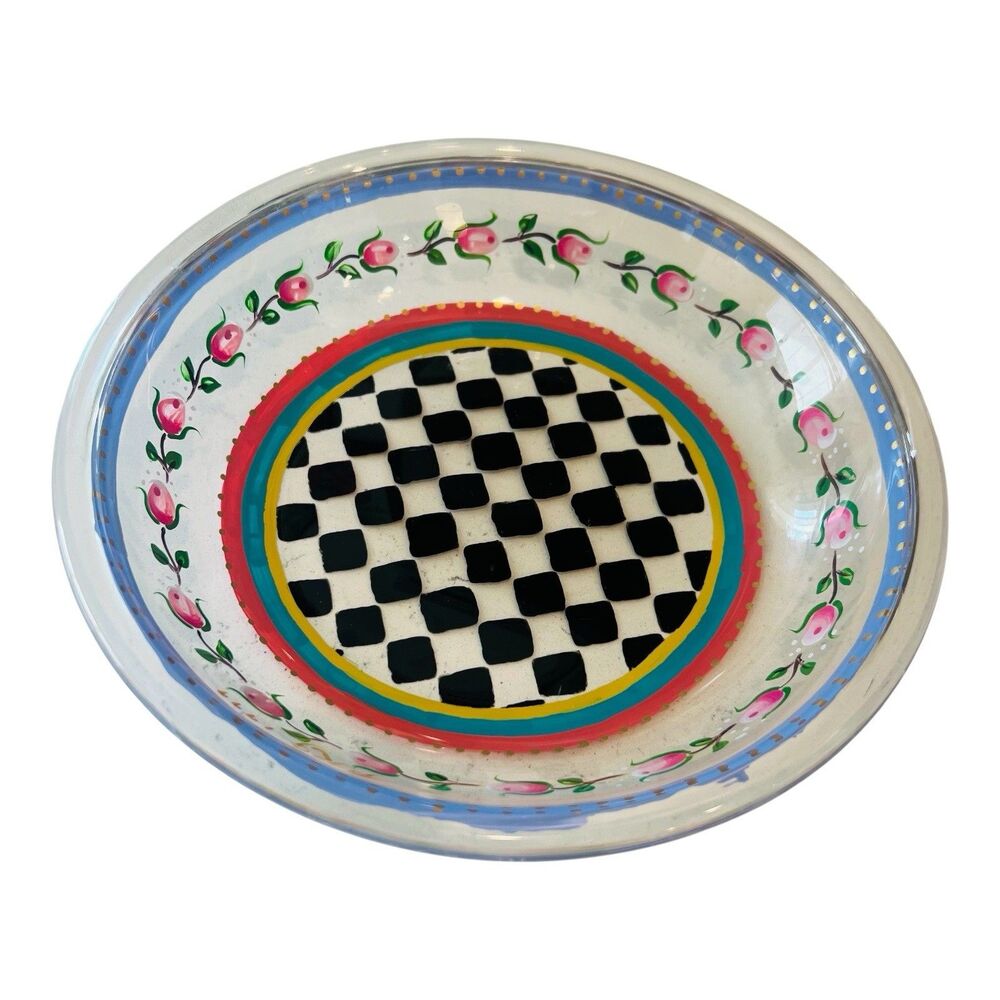 Vintage Hand Painted Clear Glass Pie Plate 9” Checkered Floral Roses Colorful